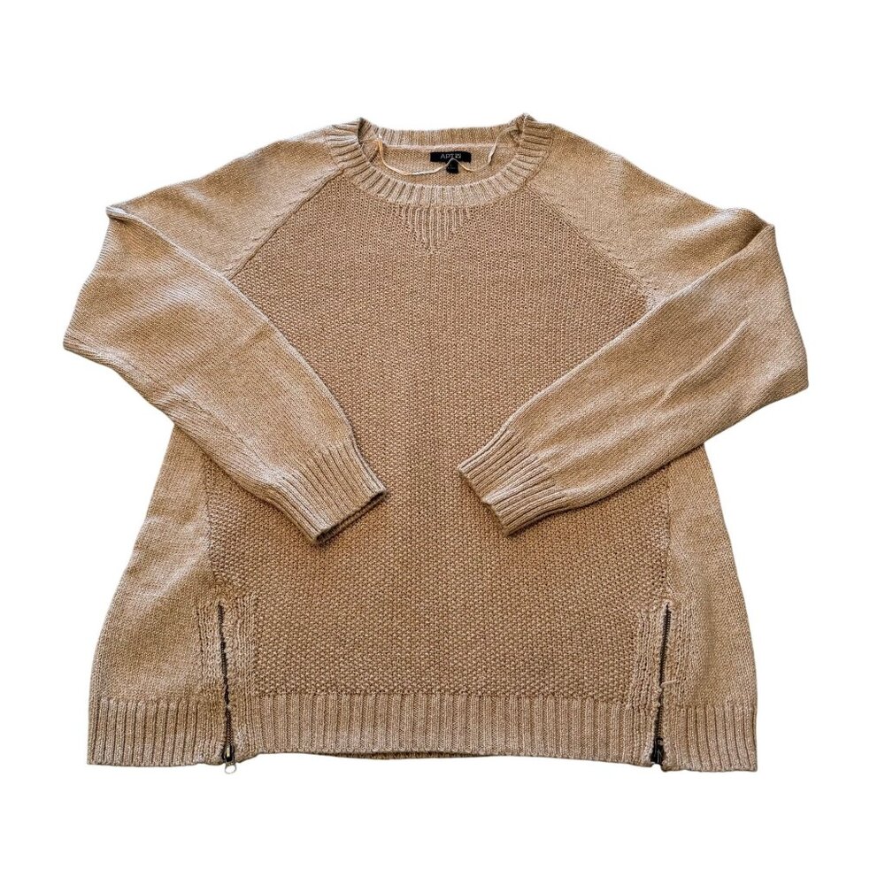 APT.9 Beige Knit Sweater Women's Size L W/ Side Zippers &‎ Shimmer Threads